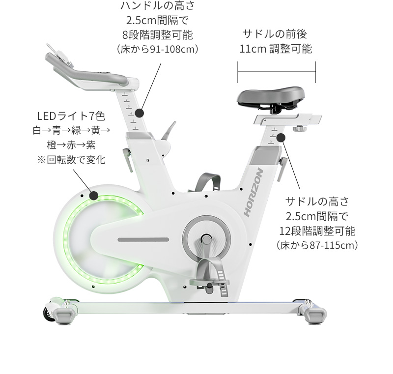 ハンドルの高さ2.5cm間隔で8段階調整可能（床から91-108cm） サドルの前後11cm調整可能 LEDライト7色 白→青→緑→黄→橙→赤→紫 ※回転数で変化 サドルの高さ2.5cm間隔で12段階調整可能（床から87-115cm）